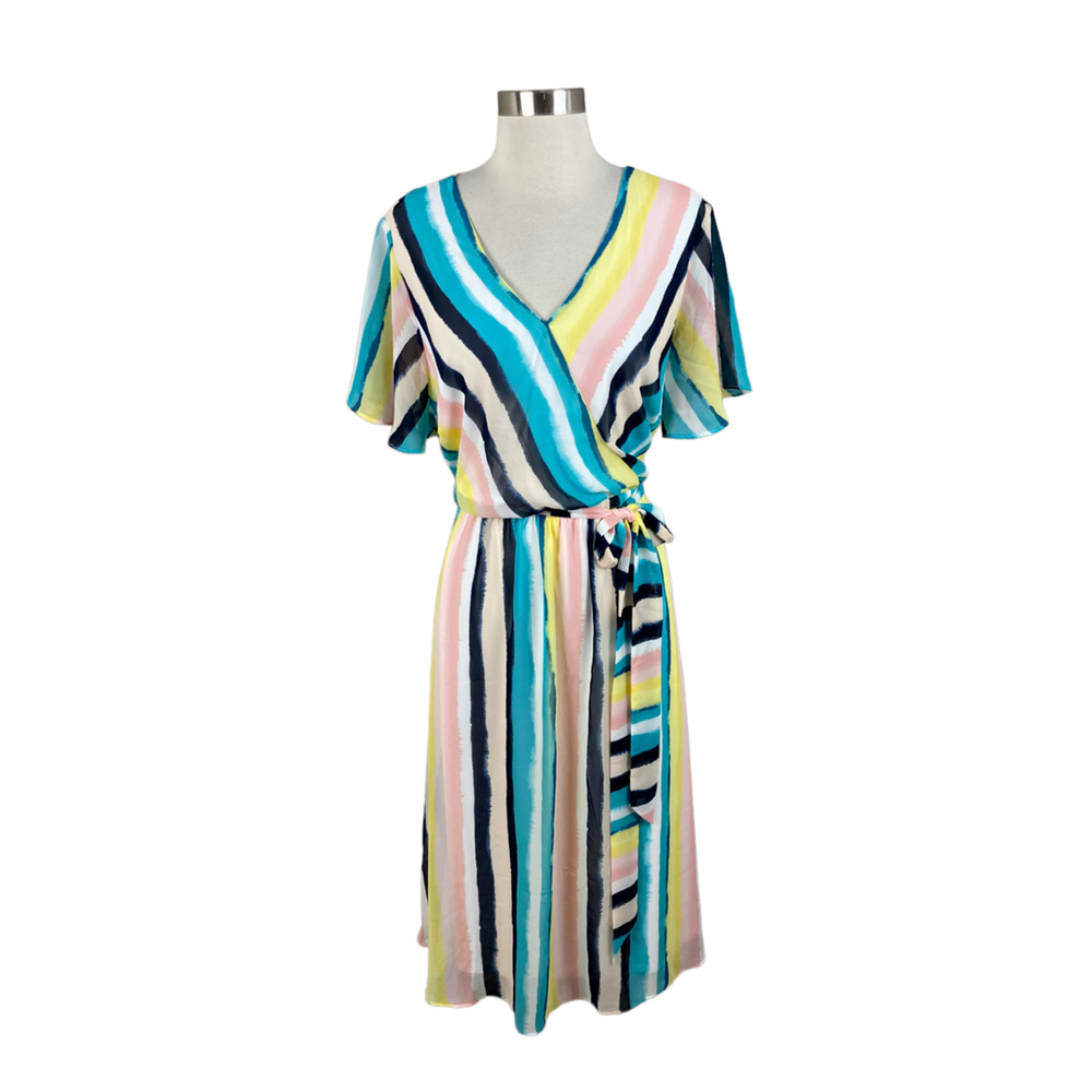Lane Bryant NEW Plus Pink Blue Yellow Stripe Flowing V Neck Midi Dress Size 16